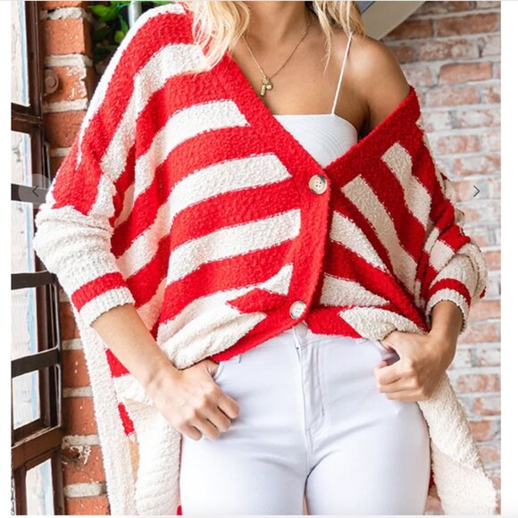 First Love Sweaters - First Love Textured Striped Oversized Cardigan Sweater Small Red White Button
